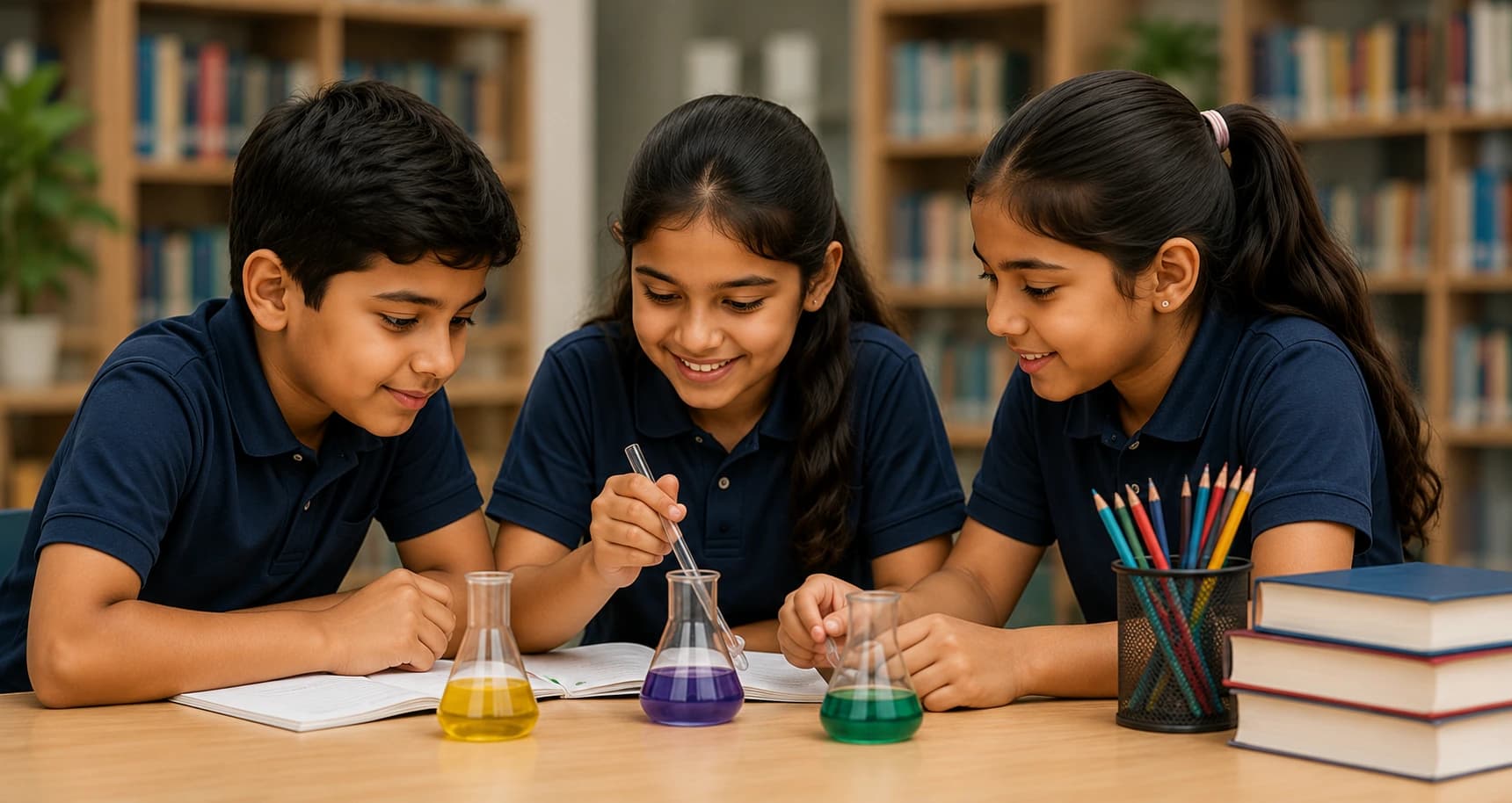 Students conducting a science experiment with colourful flasks in the library